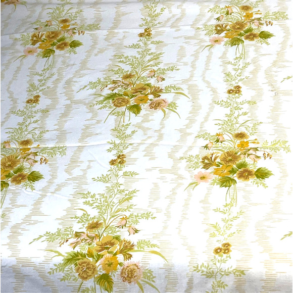 Vtg 70s Full Sheets Flat Fitted 2 Piece Set Green Gold Floral Bouquet Cottage - Picture 1 of 8